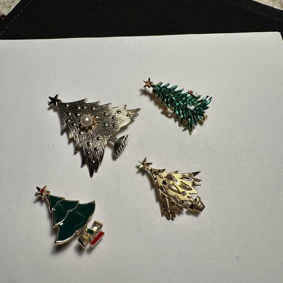 Lot Of 4 Christmas Tree Holiday Brooch Pins Gold Tone Vintage - Modern - Picture 5 of 10